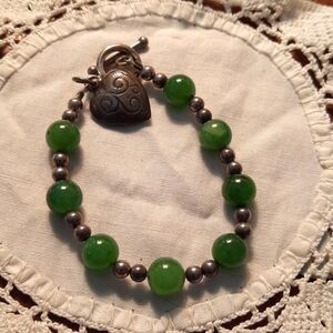 Jade and sterling silver small bracelet 6 in with heart charm antique